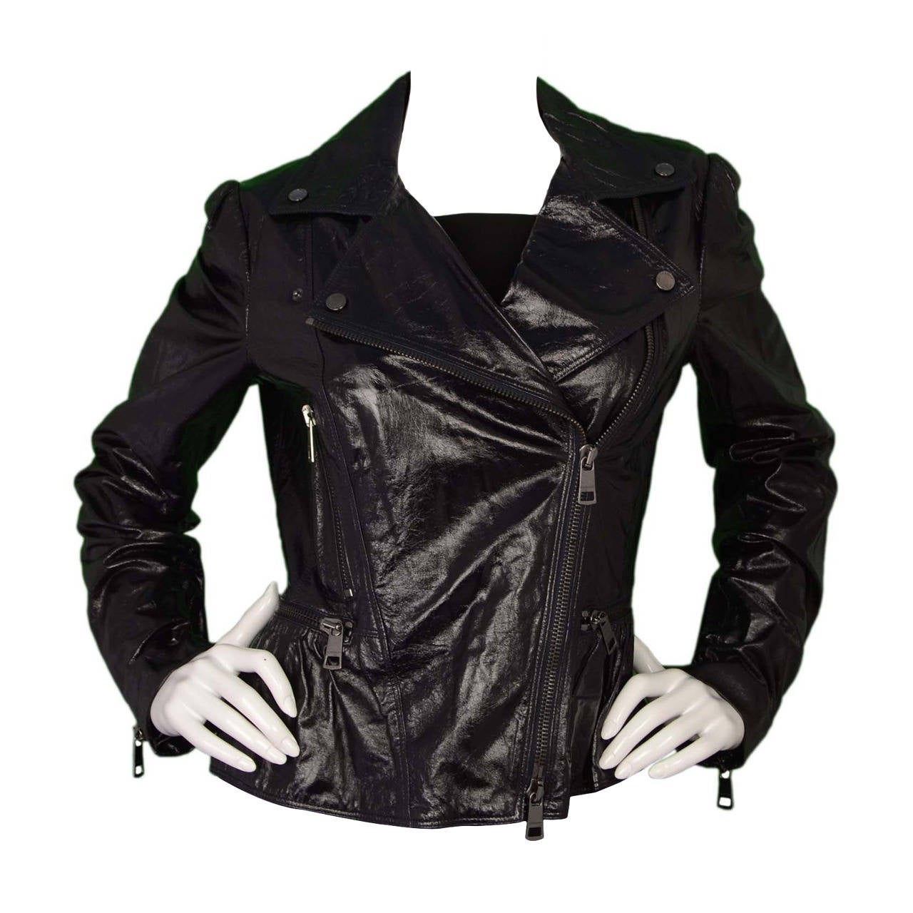 BURBERRY Black Patent Motorcyle Jacket sz 10 rt. $1,795 For Sale at 1stdibs