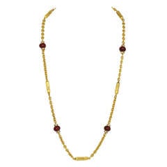 CHANEL Goldtone Chain Necklace W/Red Glass Beads And Rhinestone Spacers 11