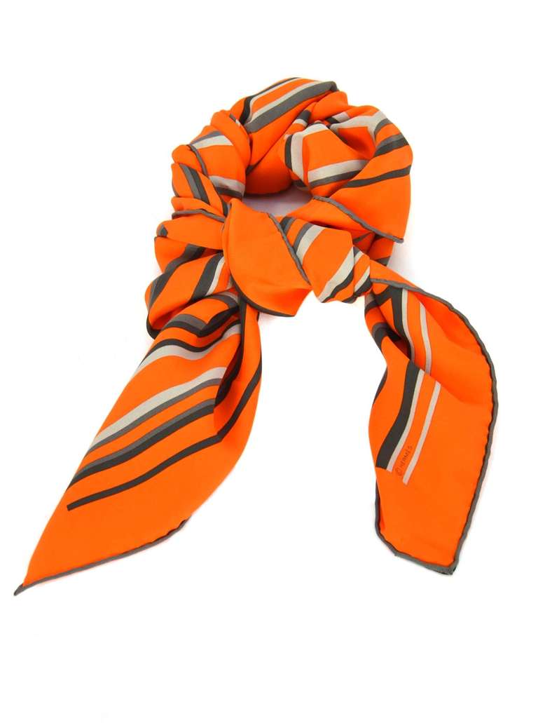 HERMES Orange Silk Scarf With Grey H's 2