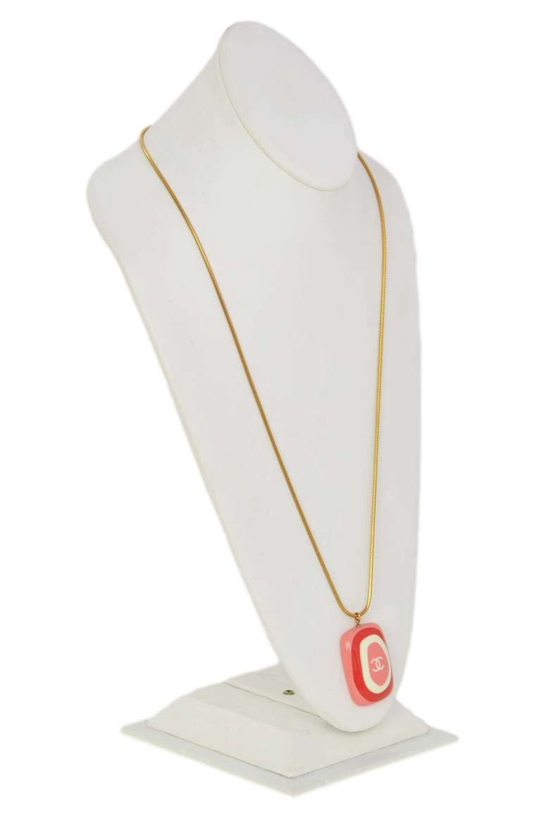 CHANEL Long Necklace W/Pink/White/Red Resin CC Square Pendant In Good Condition In New York, NY