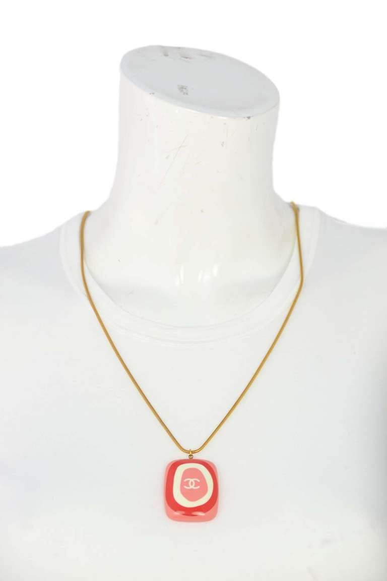 CHANEL Long Necklace W/Pink/White/Red Resin CC Square Pendant 2