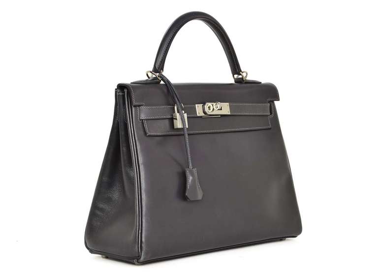 HERMES 32CM Graphite Grey Box Leather Kelly Bag W/Strap