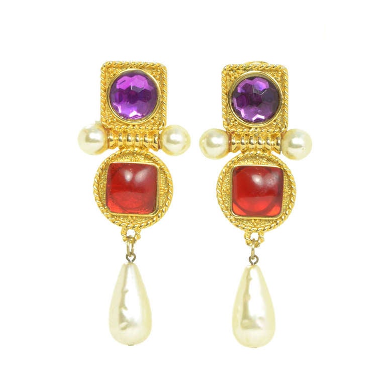 Chanel Vintage Purple And Red Geometric Pearl Clip On Earrings For Chanel Vintage Purple Red Geometric Pearl Clip On Earrings For