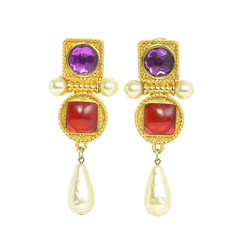Chanel Vintage Purple & Red Geometric Pearl Clip On Earrings