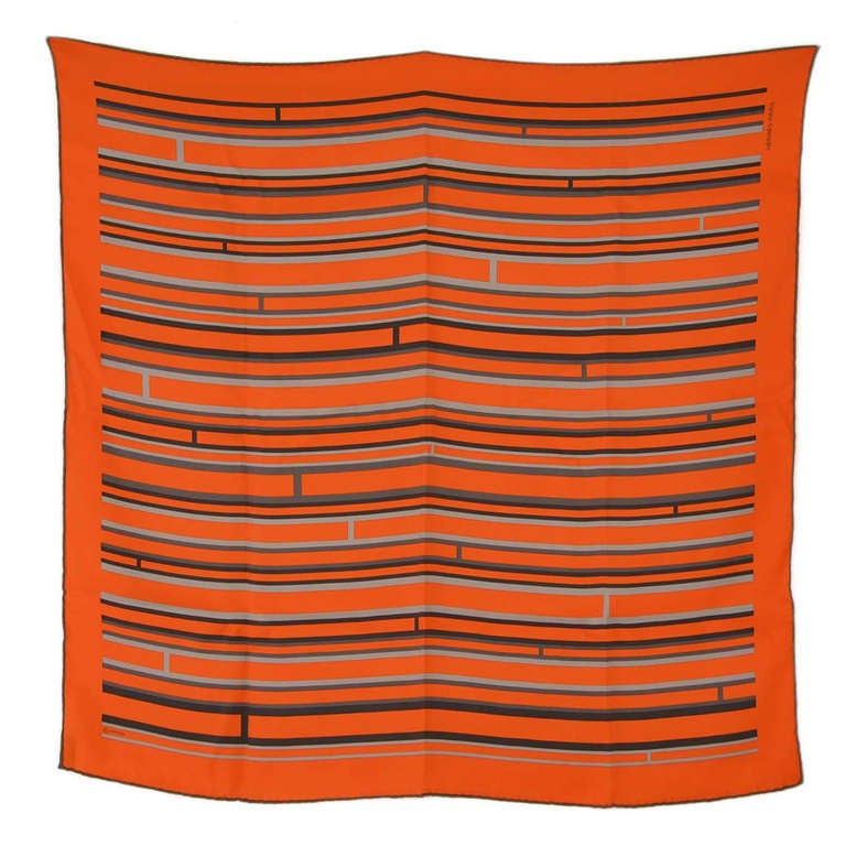 HERMES Orange Silk Scarf With Grey H's