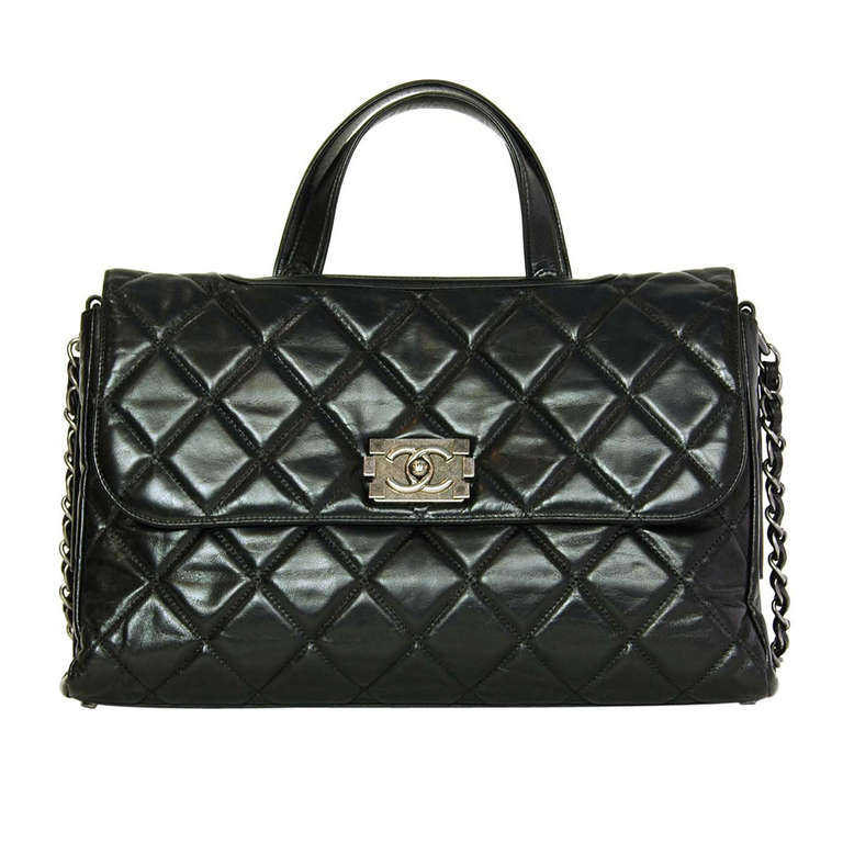 Chanel 2012 Black Quilted Convertible Boy Flap Tote Bag w. Chain Strap