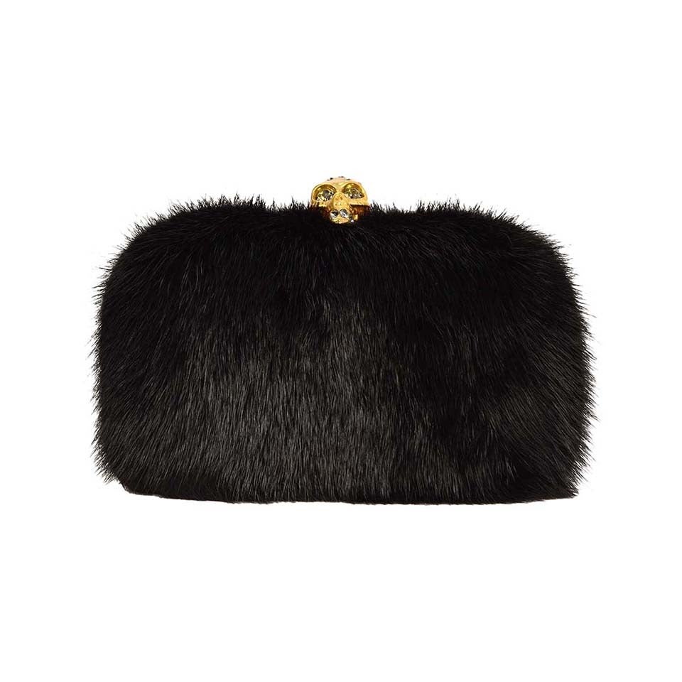 ALEXANDER MCQUEEN Black Fur Skull Clutch GHW