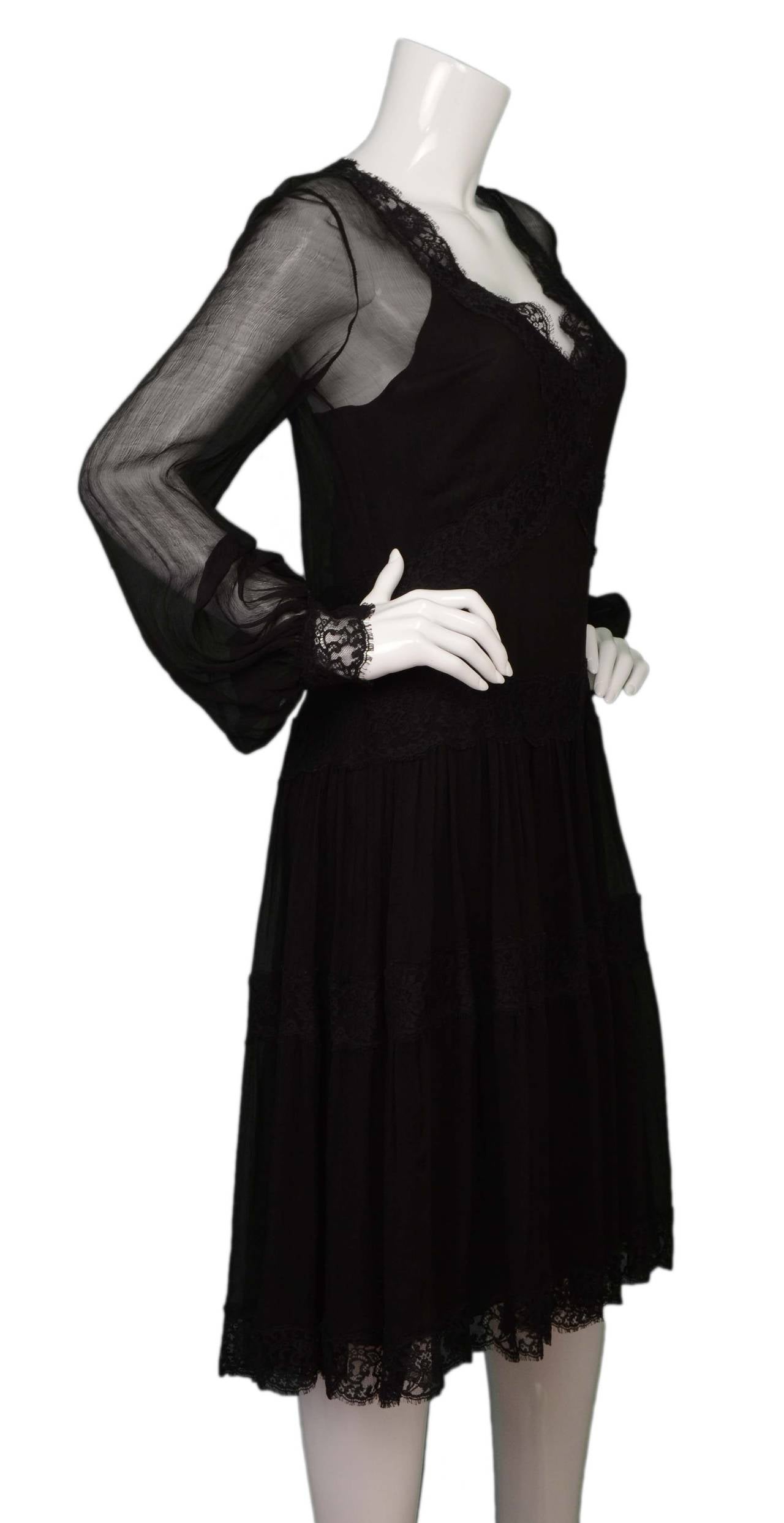 Oscar De La Renta Black Chiffon & Lace Smock Dress
Features lace trim throughout
Made in: Not given- believed to be Italy
Color: Black
Composition: Not given- believed to be Chiffon with lace trim
Lining: Not given- believed to be black