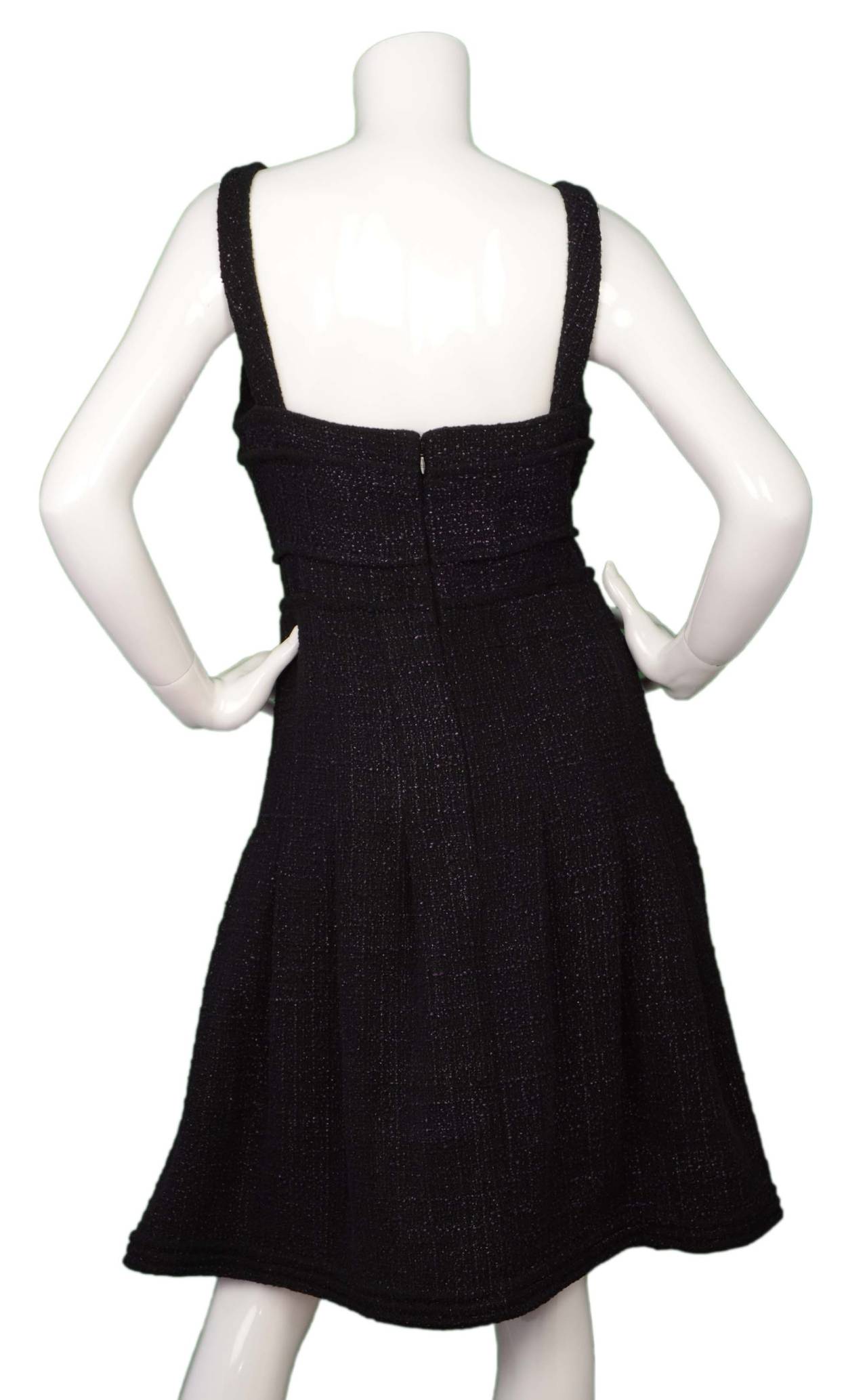 CHANEL Black & Purple Tweed Pleated Dress sz 44 In Excellent Condition In New York, NY