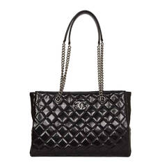 CHANEL 2015 Black Glazed Quilted Leather Shopper Tote Bag RHW