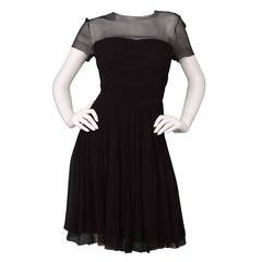 CHANEL Black Silk Short Sleeve Pleated Dress sz 42