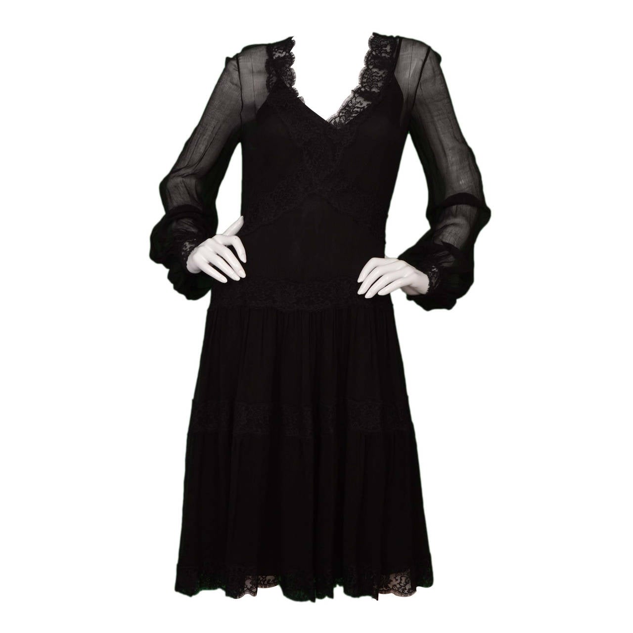 OSCAR DE LA RENTA Black Chiffon & Lace Smock Dress sz 8