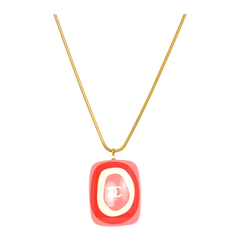 CHANEL Long Necklace W/Pink/White/Red Resin CC Square Pendant