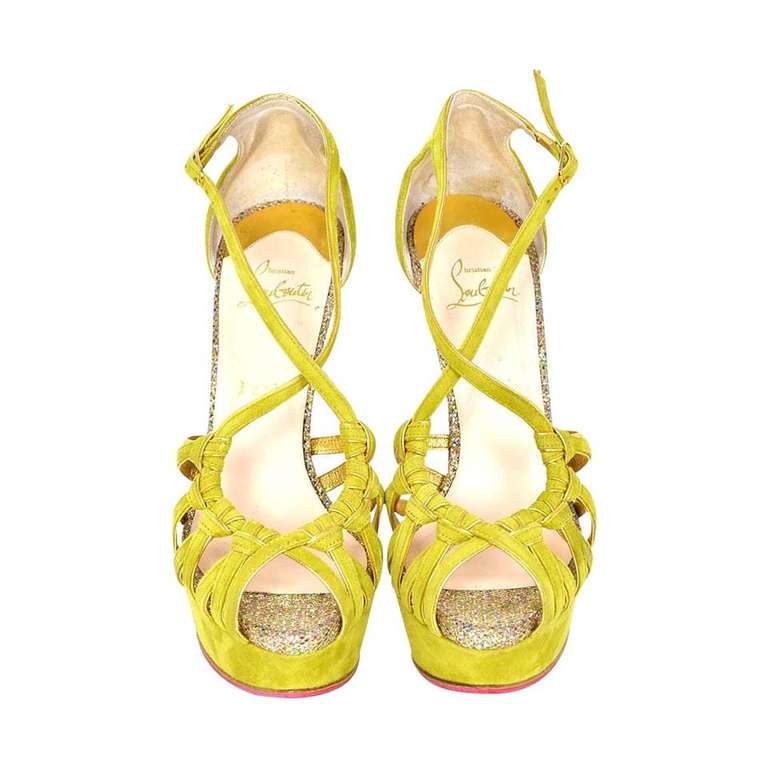 CHRISTIAN LOUBOUTIN Suede Chartreuse "8 Mignons" Glitter Platform Shoes sz.40