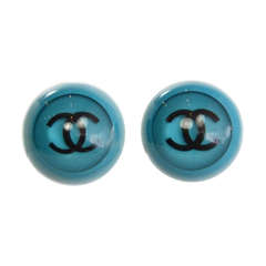 CHANEL Blue Resin Round Bubble Clip On Earrings W/Black CC