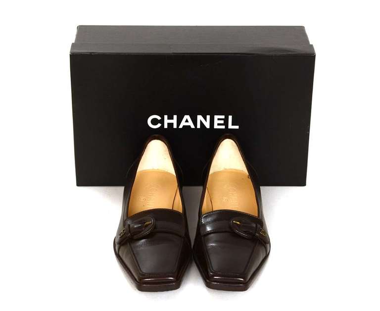 CHANEL Brown Leather Square Toe Loafers Sz 37 4