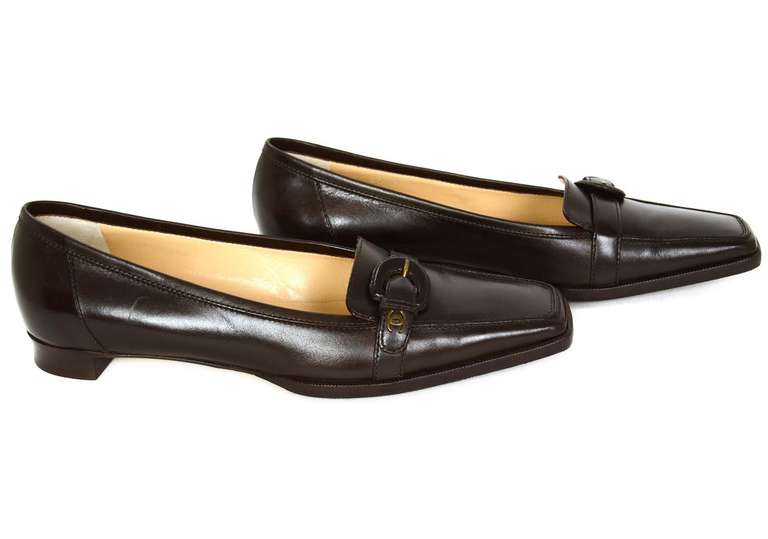 CHANEL Brown Leather Square Toe Loafers Sz 37 In Excellent Condition In New York, NY