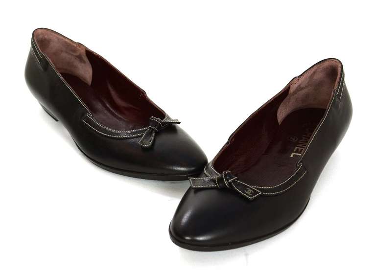 CHANEL Black Leather Flats With Bow Sz 37 1