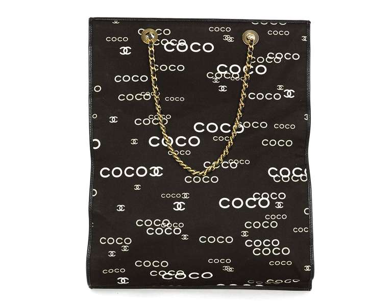 Chanel 2002 Black Coco Long Flat Tote Bag w. Chain Straps In Excellent Condition In New York, NY