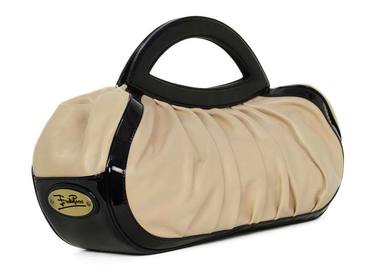 Emilio Pucci Beige Leather & Black Patent Gathered Handbag