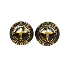 CHANEL Black/Gold Round Earrings W/Cross & "CHANEL PARIS"