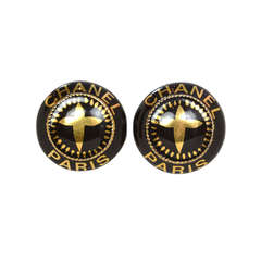 Vintage CHANEL Black/Gold Round Earrings W/Cross & "CHANEL PARIS"