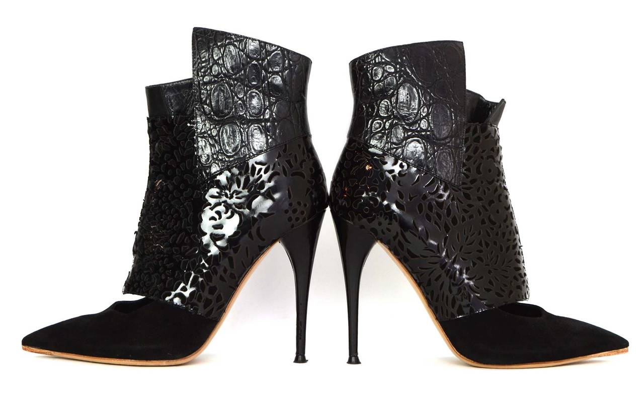 Women's CHLOE Black Multi-Textured Leather Pointed Toe Booties sz 38.5