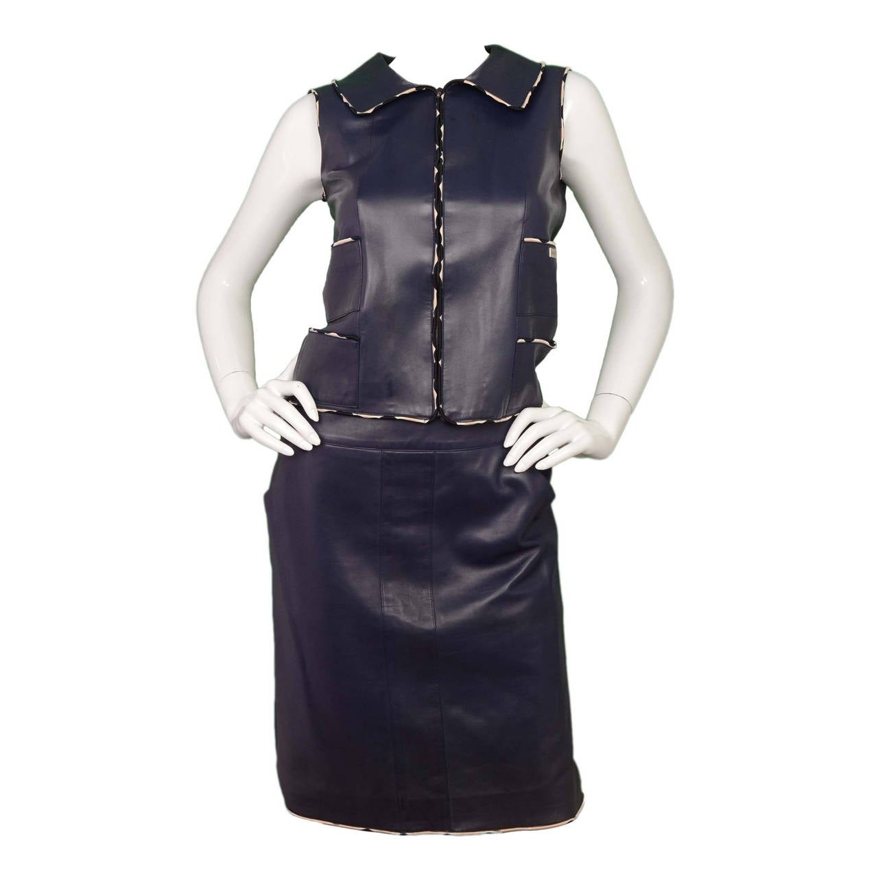 CHANEL Blue Leather Sleeveless Skirt Suit sz 38