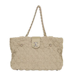 CHANEL Beige Quilted Canvas Tote Bag SHW