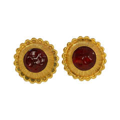 CHANEL Goldtone Clip On Earrings With Red Gripoix Center Stone