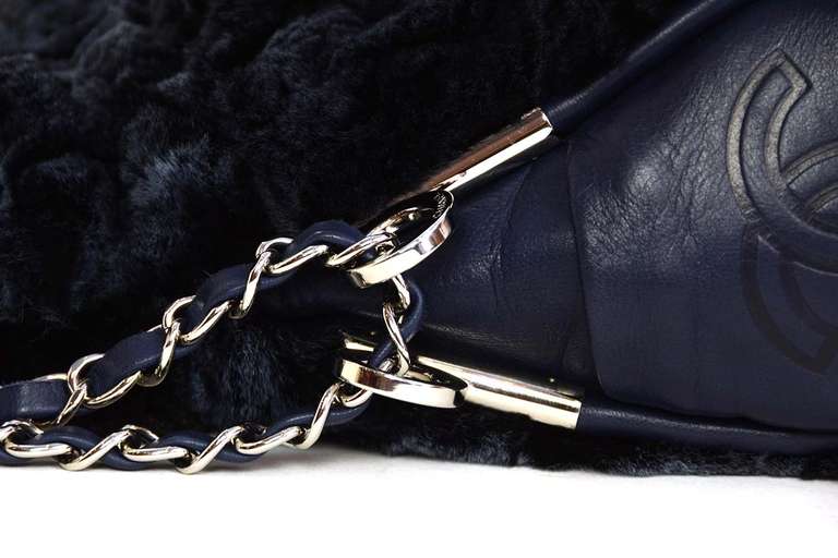 CHANEL Navy Rabbit Fur Bag With Chain Straps 2
