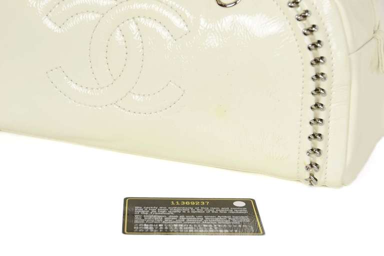 Chanel Off White Patent Leather Luxe Ligne Chain Bowler Bag 4