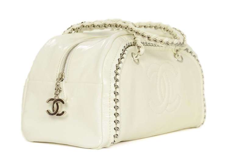 Chanel Off White Patent Leather Luxe Ligne Chain Bowler Bag In Good Condition In New York, NY