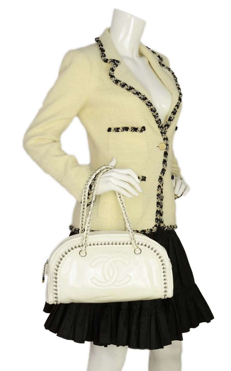 Chanel Off White Patent Leather Luxe Ligne Chain Bowler Bag 6