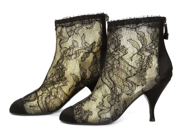CHANEL Black Lace Ankle Boot W//Satin Trim Sz 38 In New Condition In New York, NY