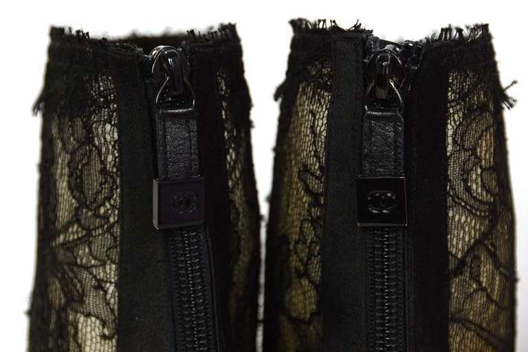 CHANEL Black Lace Ankle Boot W//Satin Trim Sz 38 2