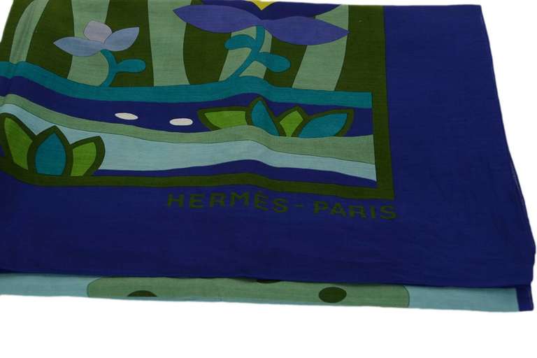 HERMES Blue/Green Cotton Seascape Print Beach Pareo Scarf rt.$610 In Excellent Condition In New York, NY