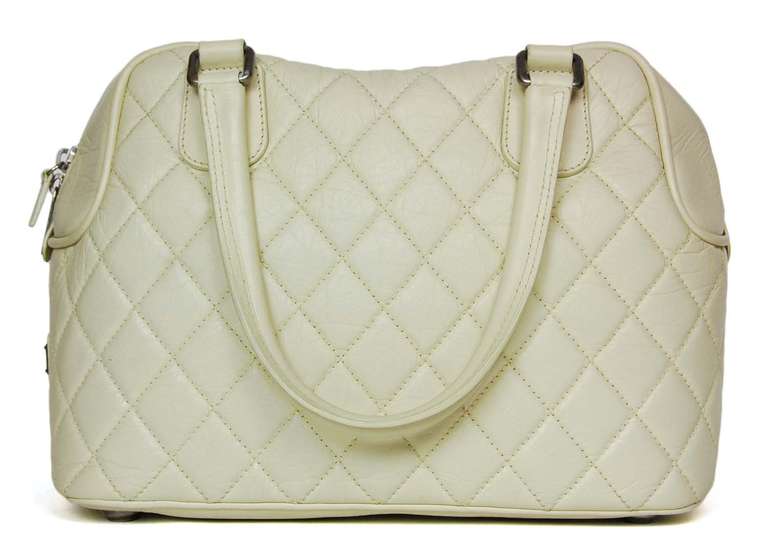 Beige Chanel Ivory Quilted Distressed Leather Bowler Travel Shoe Bag
