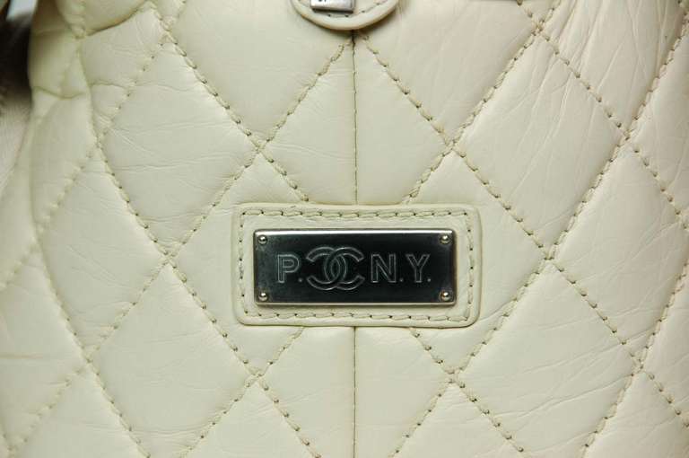 Chanel Ivory Quilted Distressed Leather Bowler Travel Shoe Bag 1