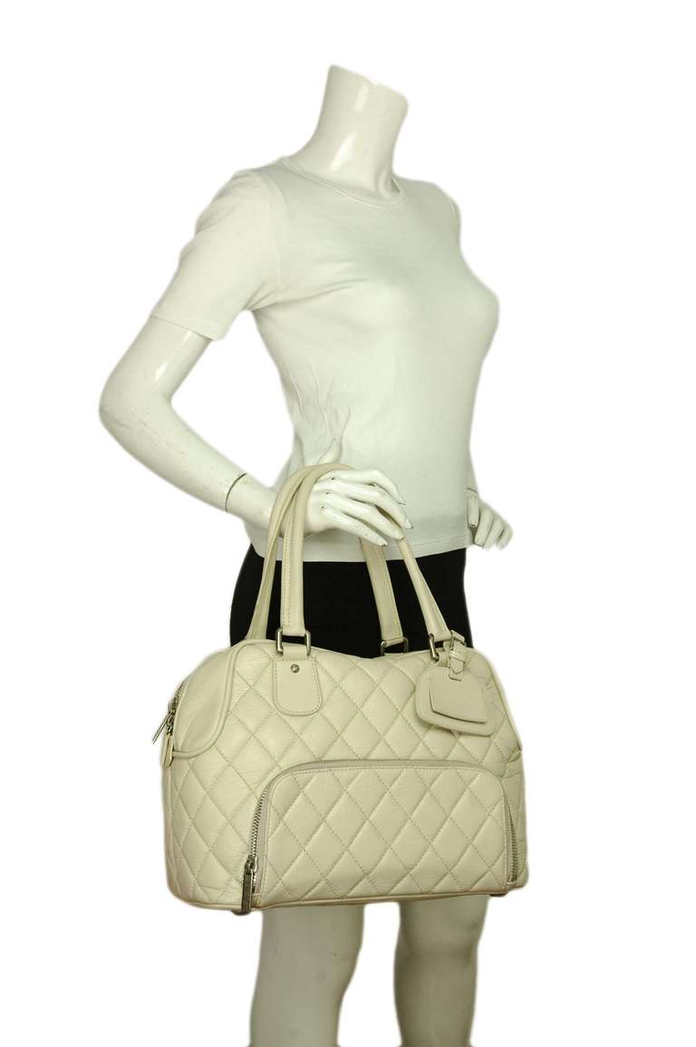 Chanel Ivory Quilted Distressed Leather Bowler Travel Shoe Bag 5