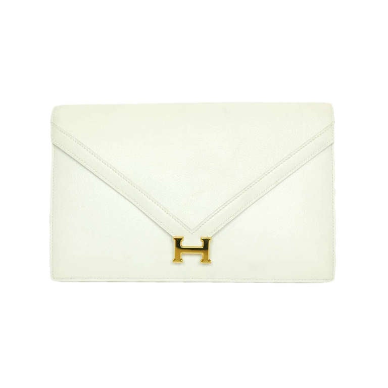 HERMES 1988 Vintage White Swift Leather Convertible Bag/Clutch w Gold H