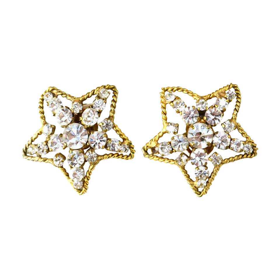 CHANEL Vintage '82 Gold & Rhinestone Star Clip-On Earrings