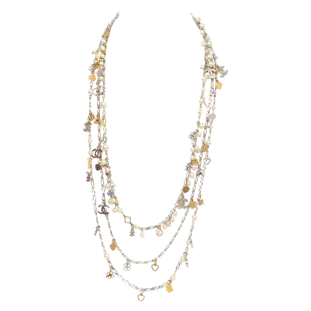 CHANEL Silver, Gold and Pearl Multi-Strand Charm Necklace at 1stDibs ...
