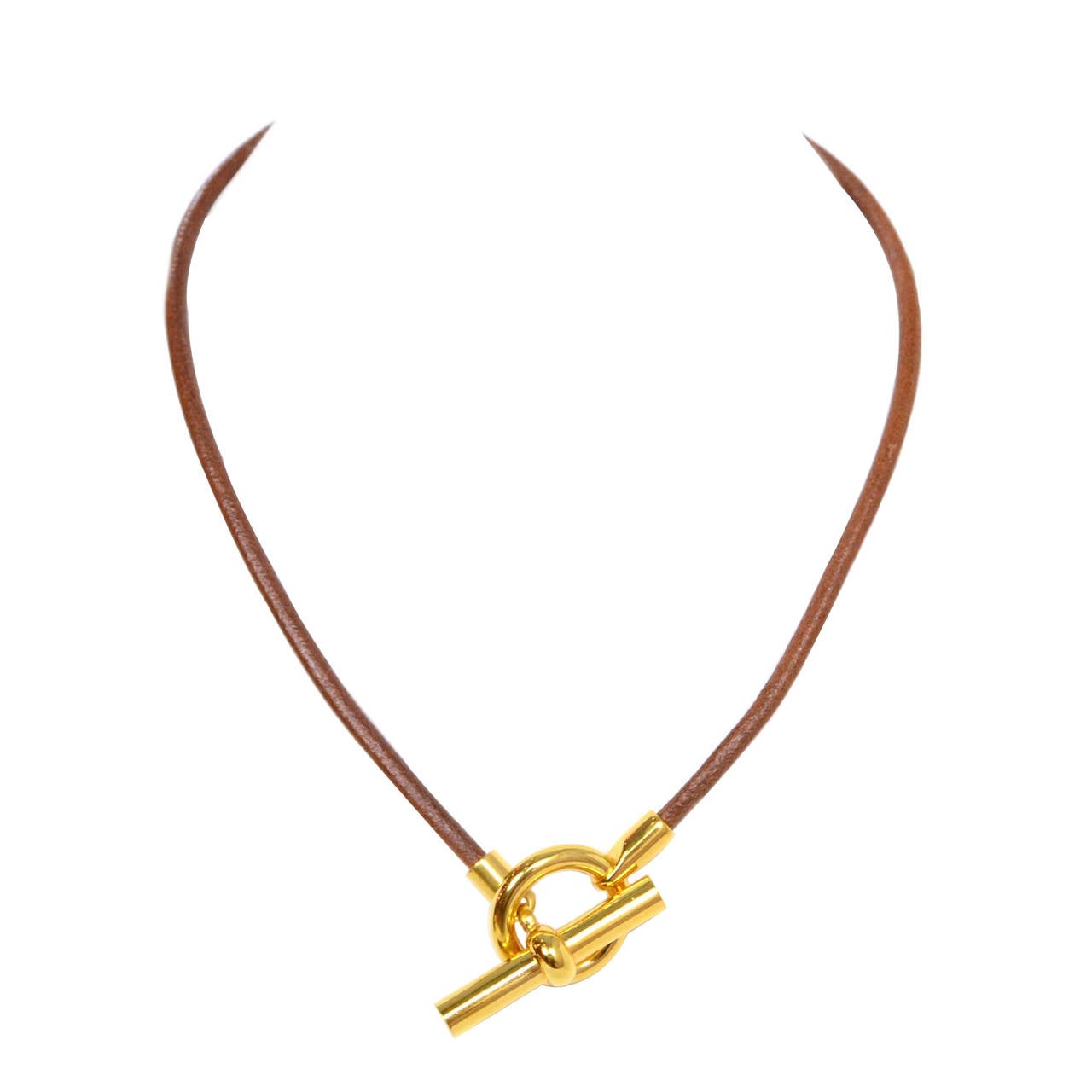 HERMES Brown Cord & Gold Toggle Necklace