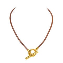 HERMES Brown Cord & Gold Toggle Necklace