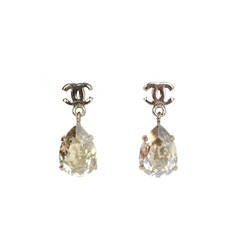 CHANEL Crystal & Silver CC Tear Drop Earrings