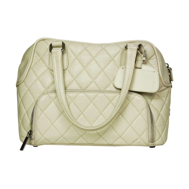 Chanel Ivory Quilted Distressed Leather Bowler Travel Shoe Bag
