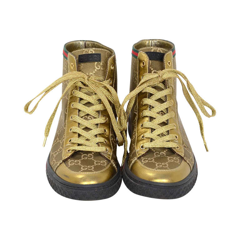 GUCCI Gold Canvas High Top Monogram Sneakers Sz 7