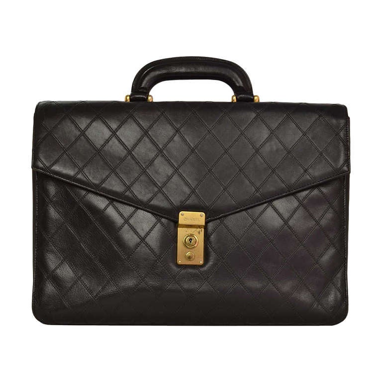 Chanel 1980's Black Vintage Quilted Leather Attache Briefcase Bag