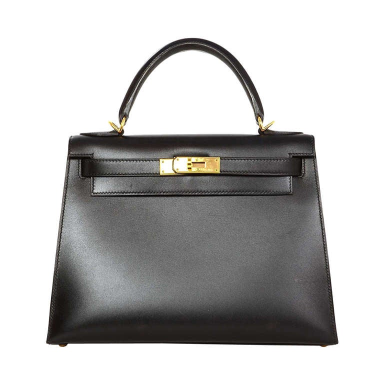 Hermes 2001 28cm Black Box Leather Rigid Kelly Bag GHW